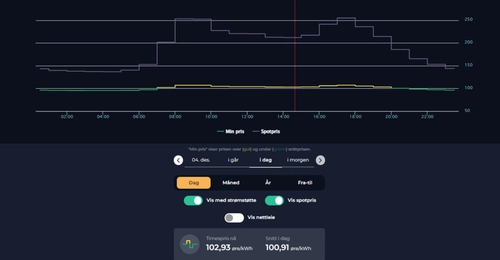 Skjermbilde fra appen som viser timepriser og strømstøtte
